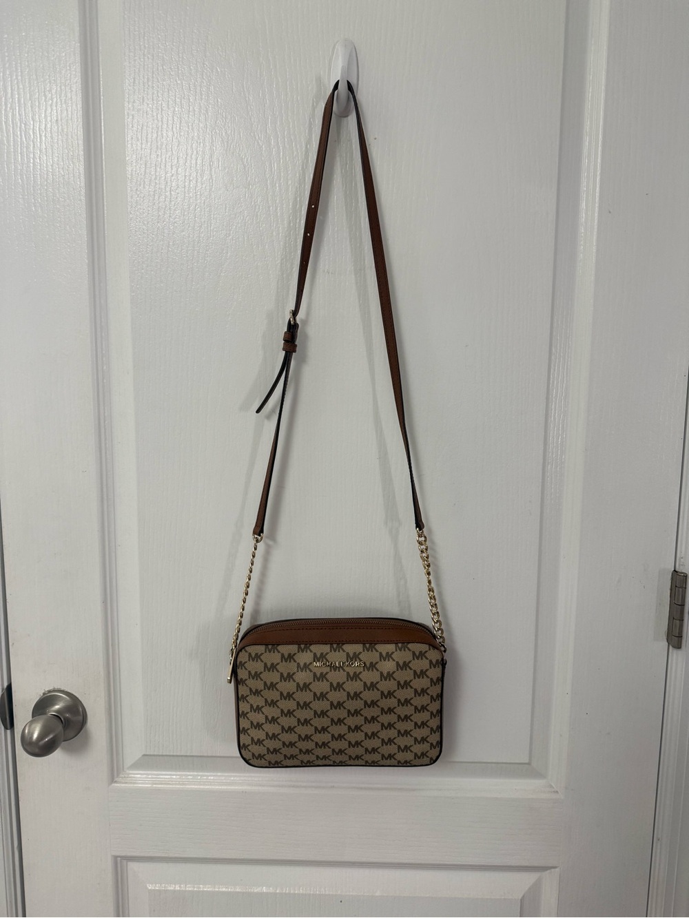 Michael Kors Brown Monogram Crossbody with Gold Chain